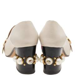 Pre Owned Gucci Beige Leather Web GG Marmont Faux Pearl Embellished Block Heel Loafer Pumps Size 39.5