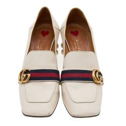 Pre Owned Gucci Beige Leather Web GG Marmont Faux Pearl Embellished Block Heel Loafer Pumps Size 39.5