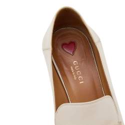Pre Owned Gucci Beige Leather Web GG Marmont Faux Pearl Embellished Block Heel Loafer Pumps Size 39.5