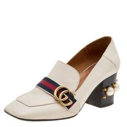 Pre Owned Gucci Beige Leather Web GG Marmont Faux Pearl Embellished Block Heel Loafer Pumps Size 39.5