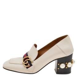 Pre Owned Gucci Beige Leather Web GG Marmont Faux Pearl Embellished Block Heel Loafer Pumps Size 39.5