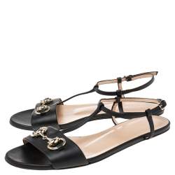 Pre Owned صندل غوتشي فلات جلد أسود سير حرف تي هورسبيت مقاس 37