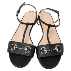 Pre Owned صندل غوتشي فلات جلد أسود سير حرف تي هورسبيت مقاس 37