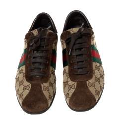 Pre Owned Gucci Brown/Beige GG Canvas And Suede Web Low Top Sneakers Size 39