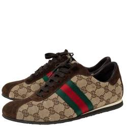 Pre Owned Gucci Brown/Beige GG Canvas And Suede Web Low Top Sneakers Size 39