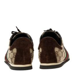 Pre Owned Gucci Brown/Beige GG Canvas And Suede Web Low Top Sneakers Size 39