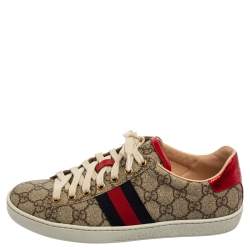 Pre Owned Gucci Beige/Brown GG Supreme Canvas Ace Web Low Top Sneakers Size 37