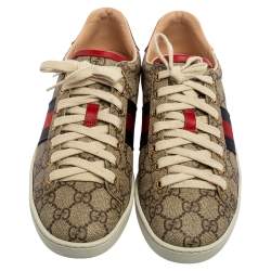 Pre Owned Gucci Beige/Brown GG Supreme Canvas Ace Web Low Top Sneakers Size 37