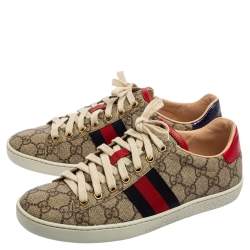 Pre Owned Gucci Beige/Brown GG Supreme Canvas Ace Web Low Top Sneakers Size 37
