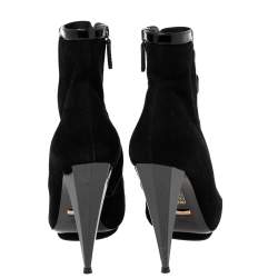 Pre Owned Gucci Black Suede and Patent Leather Olimpia Cage Ankle Booties Size 38.5