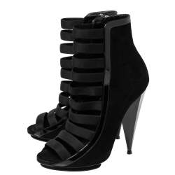 Pre Owned Gucci Black Suede and Patent Leather Olimpia Cage Ankle Booties Size 38.5