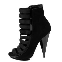 Pre Owned Gucci Black Suede and Patent Leather Olimpia Cage Ankle Booties Size 38.5
