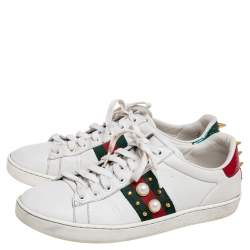 مملوكة مسبقًا Gucci White Leather New Ace Web Pearl Embellished Low Top Sneakers Size 38