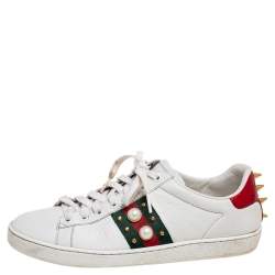 مملوكة مسبقًا Gucci White Leather New Ace Web Pearl Embellished Low Top Sneakers Size 38