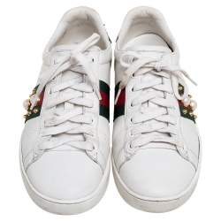 مملوكة مسبقًا Gucci White Leather New Ace Web Pearl Embellished Low Top Sneakers Size 38