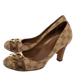 Pre Owned حذاء كعب عالي غوتشي كانفاس جي جي  بيج / بني بإبزيم جي  متشابك مقاس 39