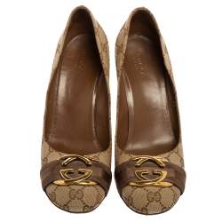 Pre Owned حذاء كعب عال ي غوتشي كانفاس جي جي  بيج / بني بإبزيم جي  متشابك مقاس 39