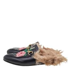 Pre Owned Gucci Black Floral Embroidered Leather And Fur Lined Princetown Horsebit Flat Mules Size 36