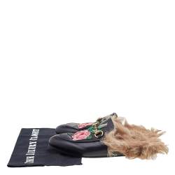 Pre Owned Gucci Black Floral Embroidered Leather And Fur Lined Princetown Horsebit Flat Mules Size 36