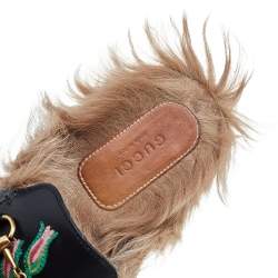 Pre Owned Gucci Black Floral Embroidered Leather And Fur Lined Princetown Horsebit Flat Mules Size 36