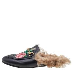 Pre Owned Gucci Black Floral Embroidered Leather And Fur Lined Princetown Horsebit Flat Mules Size 36
