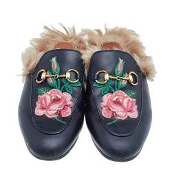 Pre Owned Gucci Black Floral Embroidered Leather And Fur Lined Princetown Horsebit Flat Mules Size 36