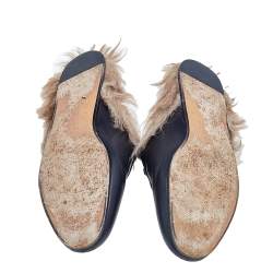 Pre Owned Gucci Black Floral Embroidered Leather And Fur Lined Princetown Horsebit Flat Mules Size 36