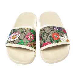 Pre Owned Gucci Beige/Brown GG Supreme Canvas Blooms Flat Slides Size 36