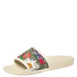 Pre Owned Gucci Beige/Brown GG Supreme Canvas Blooms Flat Slides Size 36