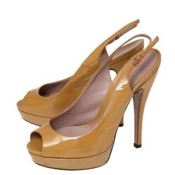 Gucci Mustard Patent Leather Peep-Toe Platform Slingback Sandals Size 37.5