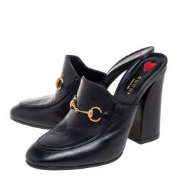 Pre Owned حذاء مولز غوتشي كعب عريض برنستاون جولي هورسبيت جلد أسود مقاس 39