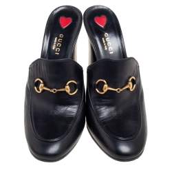 Pre Owned حذاء مولز غوتشي كعب عريض برنستاون جولي هورسبيت جلد أسود مقاس 39