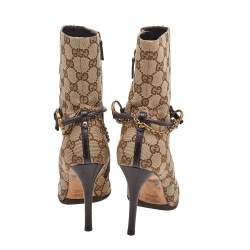 Pre Owned Gucci Beige/Brown GG Canvas And Leather Horsebit Ankle Boots Size 36.5