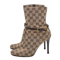 Pre Owned Gucci Beige/Brown GG Canvas And Leather Horsebit Ankle Boots Size 36.5