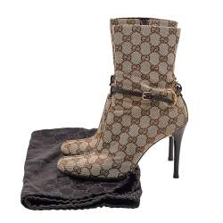 Pre Owned Gucci Beige/Brown GG Canvas And Leather Horsebit Ankle Boots Size 36.5