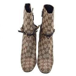 Pre Owned Gucci Beige/Brown GG Canvas And Leather Horsebit Ankle Boots Size 36.5