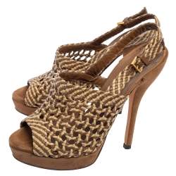 Gucci Brown/Beige Woven Leather Kyligh Slingback Platform Sandals Size 36