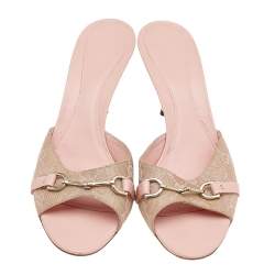 Gucci Gold/Beige GG Canvas And Leather Horsebit Slide Sandals Size 41
