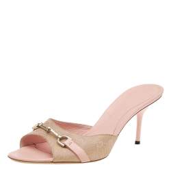 Gucci Gold/Beige GG Canvas And Leather Horsebit Slide Sandals Size 41