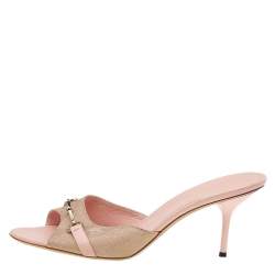 Gucci Gold/Beige GG Canvas And Leather Horsebit Slide Sandals Size 41