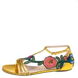 Pre Owned Gucci Gold  Leather Ophelie Floral-Embroidered Flat Sandals  Size 39.5