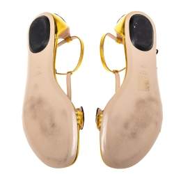 Pre Owned Gucci Gold  Leather Ophelie Floral-Embroidered Flat Sandals  Size 39.5