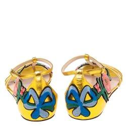 Pre Owned Gucci Gold  Leather Ophelie Floral-Embroidered Flat Sandals  Size 39.5