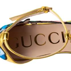 Pre Owned Gucci Gold  Leather Ophelie Floral-Embroidered Flat Sandals  Size 39.5