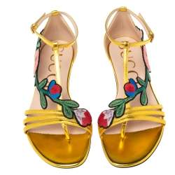 Pre Owned Gucci Gold  Leather Ophelie Floral-Embroidered Flat Sandals  Size 39.5