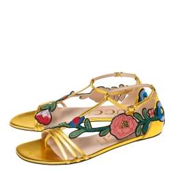 Pre Owned Gucci Gold  Leather Ophelie Floral-Embroidered Flat Sandals  Size 39.5