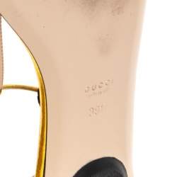 Pre Owned Gucci Gold  Leather Ophelie Floral-Embroidered Flat Sandals  Size 39.5