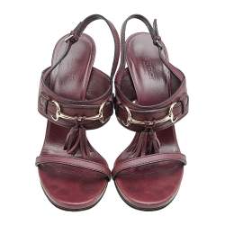 Gucci Burgundy Leather Horsebit Tassel Emily Slingback Sandals Size 38.5