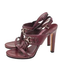 Gucci Burgundy Leather Horsebit Tassel Emily Slingback Sandals Size 38.5