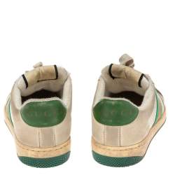 Pre Owned Gucci Grey/Green Perforated Leather And Nubuck Leather Screener Low Top Sneakers Size 36